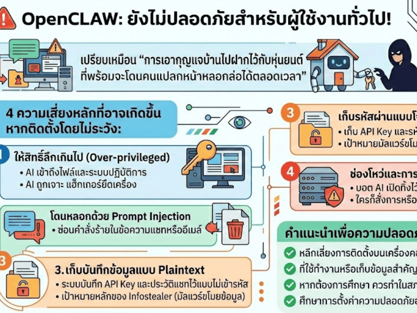 ช่วงนี้กระแส OpenCLAW กำลังมาแรง หลายคนอยากลองติดตั้งผู้ช่วย AI สุดล้ำไว้ใช้งาน แต่ในความเป็นจริงแล้ว "ยังไม่ปลอดภัยสำหรับผู้ใช้งานทั่วไป" โดยเฉพาะอย่างยิ่งหากนำมาติดตั้งบนคอมพิวเตอร์หลัก หรือเครื่องที่ใช้ทำงานสำคัญ!