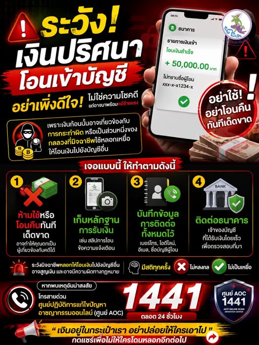 เงินปริศนาโอนเข้าบัญชี อย่าเพิ่งรีบดีใจ!