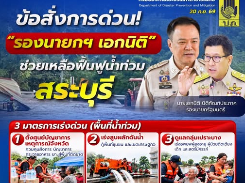 &ldquo;รองนายกฯ เอกนิติ&rdquo; สั่งเร่งช่วยเหลือ&ndash;เยียวยา&ndash;ฟื้นฟูผู้ประสบอุทกภัยสระบุรี ย้ำทุกหน่วยบูรณาการดูแลประชาชนจนกว่าสถานการณ์คลี่คลาย